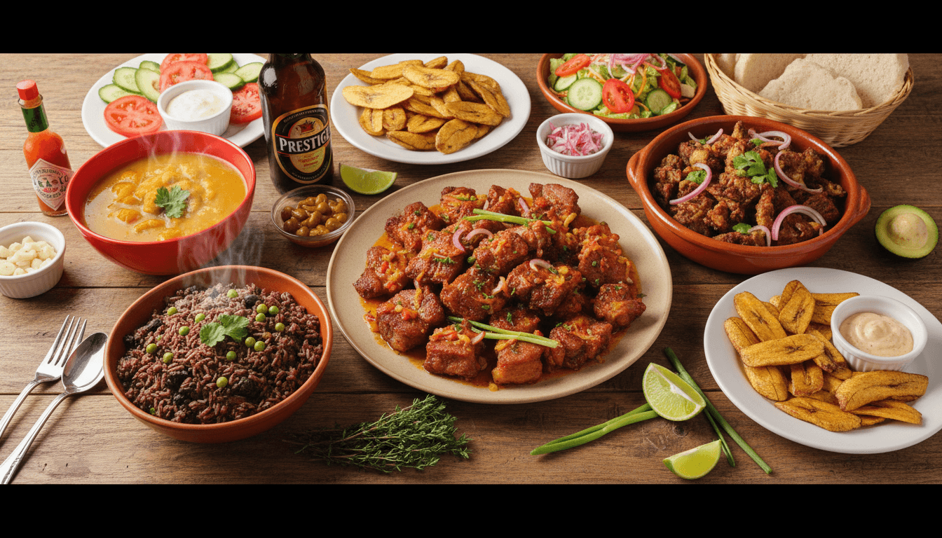 Authentic Haitian cuisine dishes displayed on a wooden table with fresh ingredients and traditional presentation