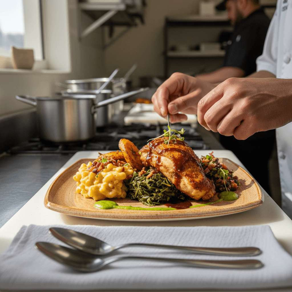 Chef preparing authentic Haitian cuisine with fresh ingredients