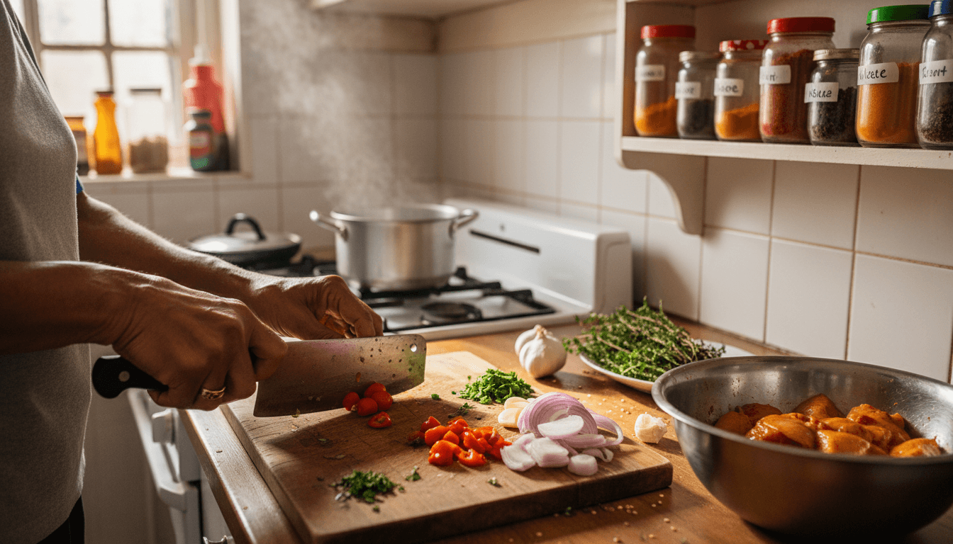 Chef preparing authentic Haitian cuisine in a bright home kitchen with fresh ingredients
